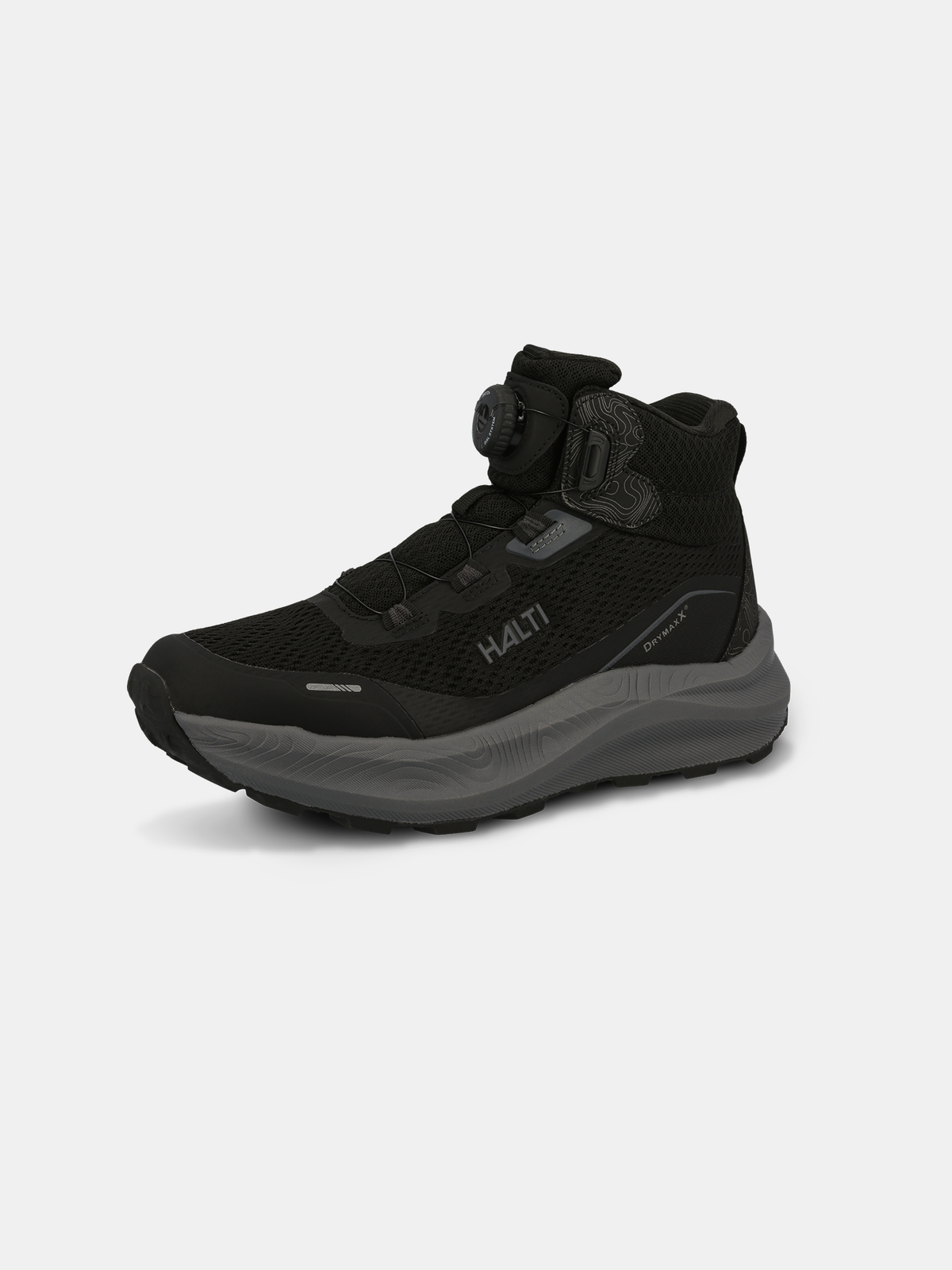 Halti Rapid Mid Mid Freelock DX Unisex: musta urheilukenkä, jossa on Freelock-kellotaulu ja DrymaxX-verkko vedenpitäväksi.