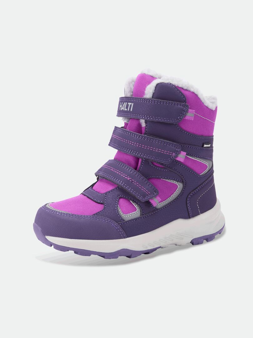 Halti Reiss 3 DX -lasten talvikengät, violetti/vaaleanpunainen, tarrakiinnitys, valkoinen pohja, tekoturkisvuori.