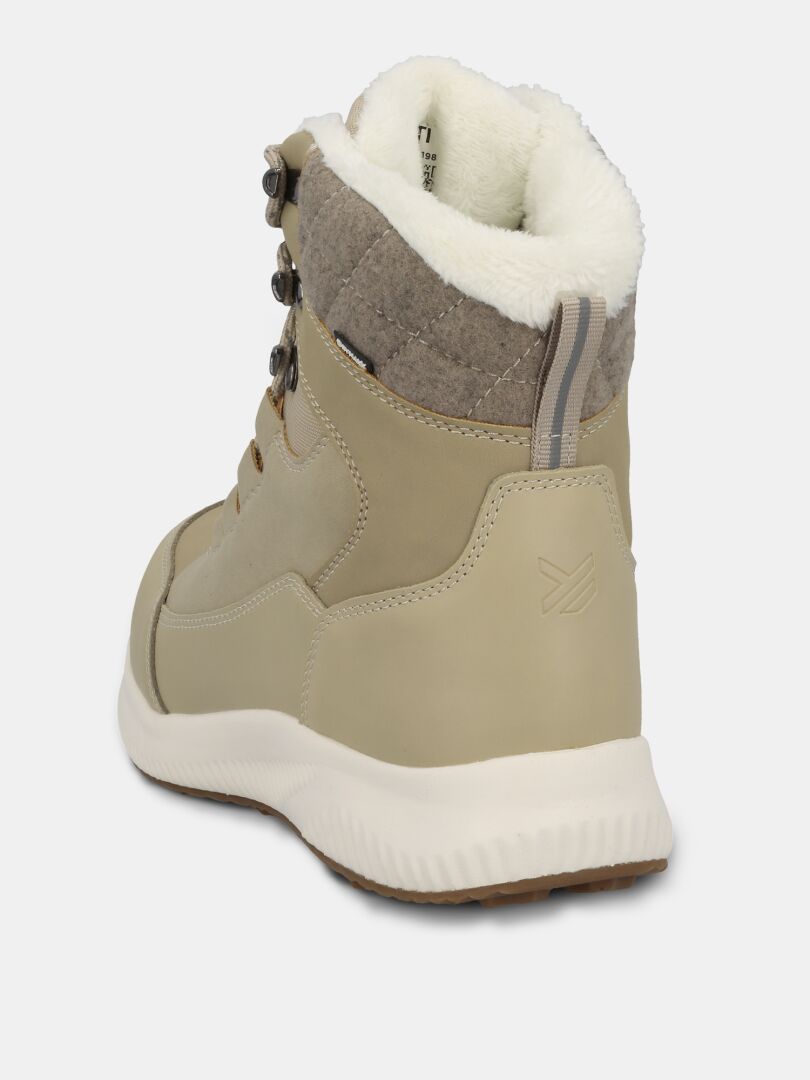 Halti Dundee 2 DX Talvikenkä Naisten: ruskean/beige talvikenkä, jossa valkoinen pohja, harmaat korostukset, vaalea tekoturkisvuori (takaa).