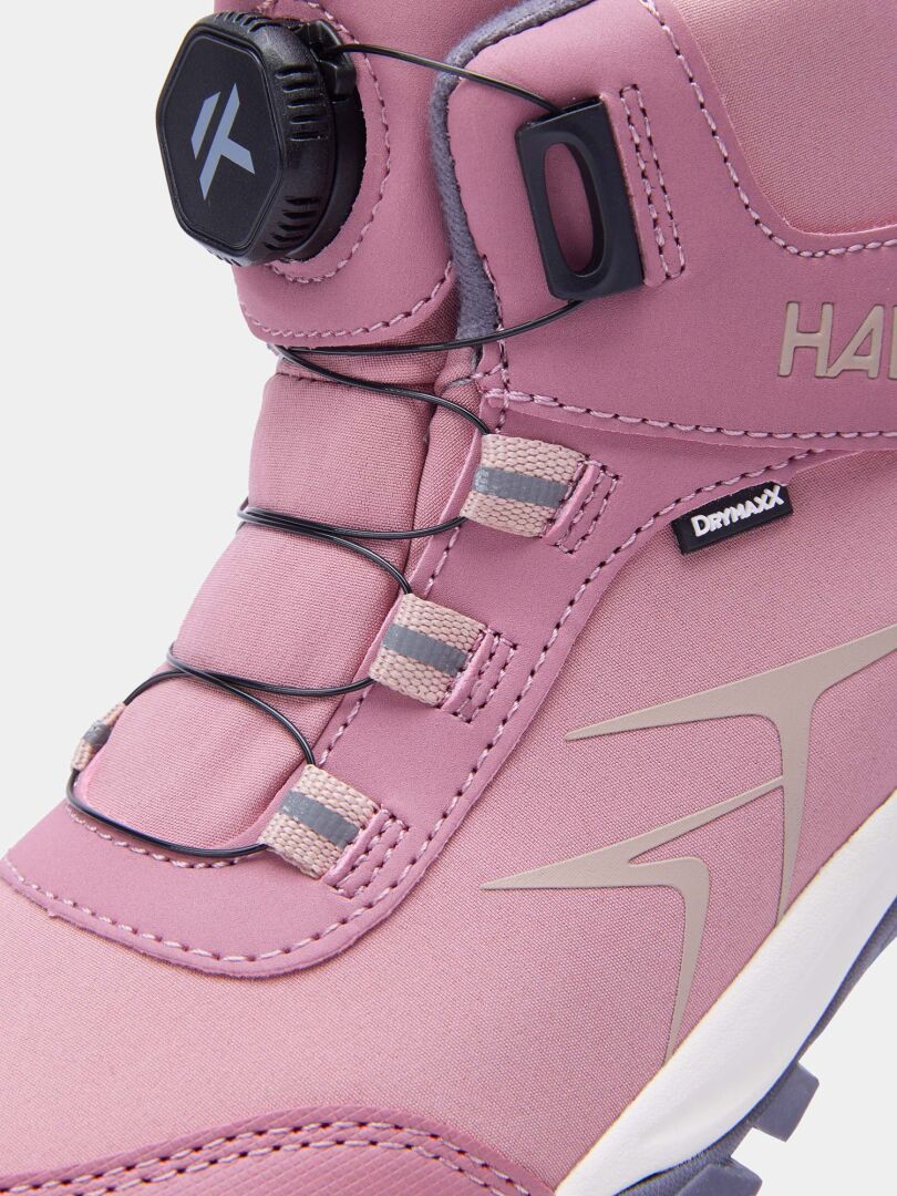 Mauve Halti Tribe Dada DX -ulkoilukenkä: Lasten ulkoilukenkä, jossa on säätöpyörä ja DrymaxX-merkki sivussa.