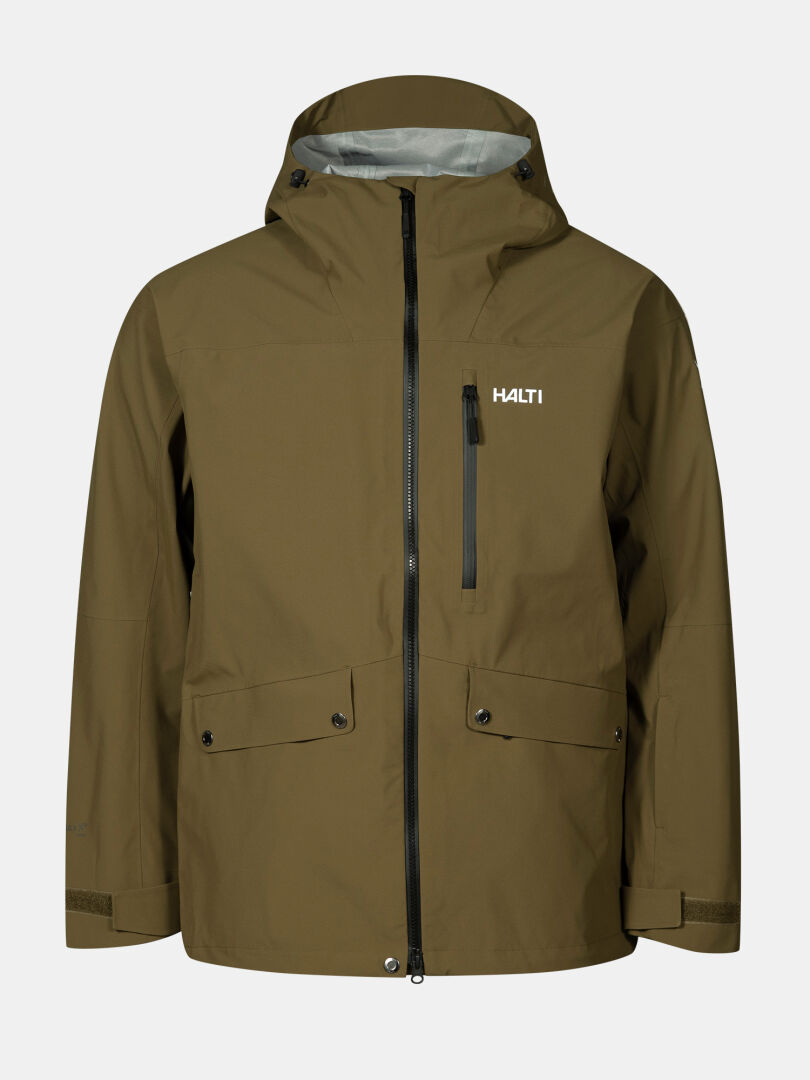 Halti Settler 3L DX miesten takki khakinvihreässä on huppu, DrymaxX Nano -materiaali, vetoketju, taskut ja logo.