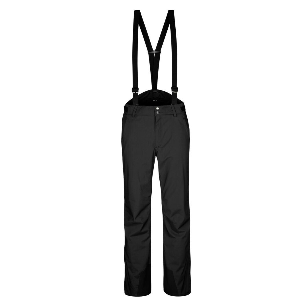 Halti Trusty DX -lasketteluhousut miehille, olkaimilla, edestä katsottuna, säänkestävällä DrymaxX-tekniikalla.