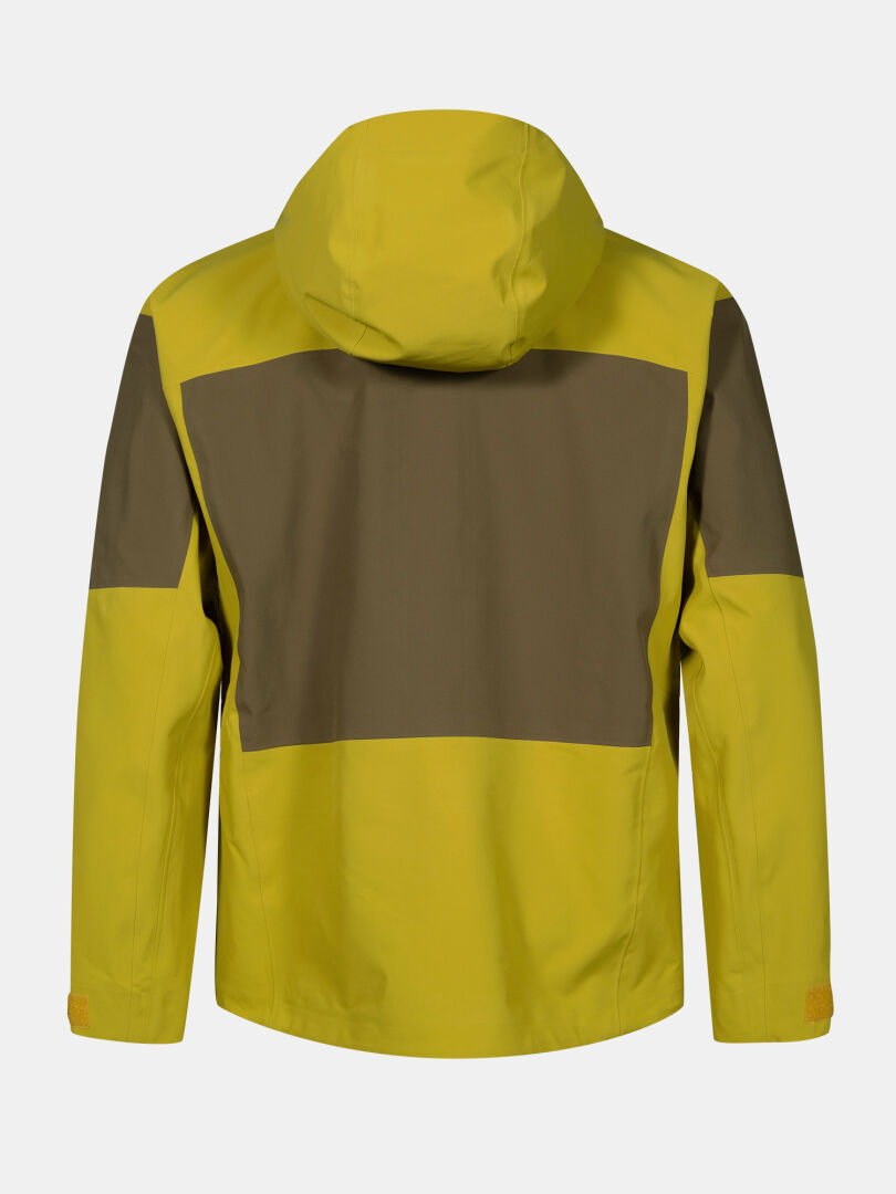 Chartreuse-värisen Halti Rizle Unisex 3L DX -laskettelutakin takanäkymä, jossa on tummanharmaat paneelit yläselässä ja hartioilla.