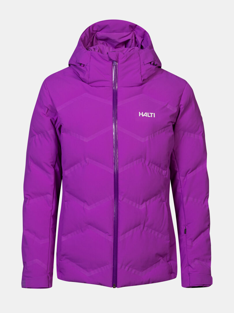 Halti Nordic Arcty II: Violetti tikattu naisten lämmin laskettelutakki, hupullinen ja vetoketjullinen, logolla varustettu.