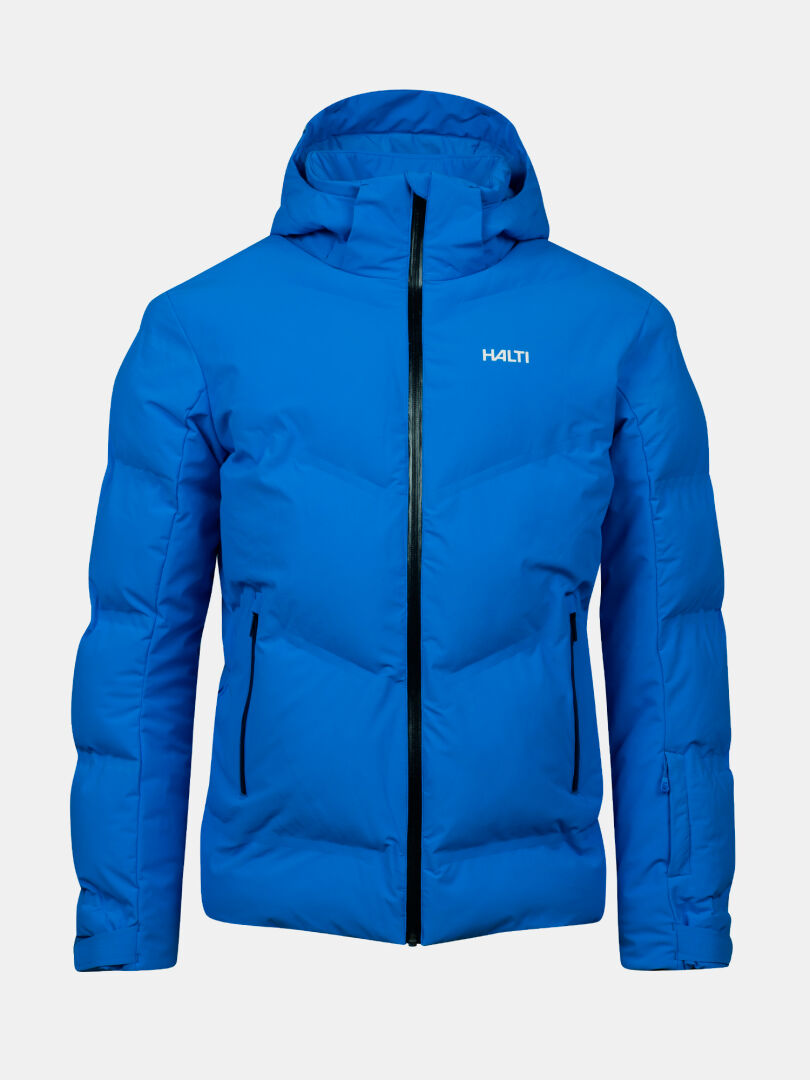 Halti Nordic Arcty II miesten laskettelutakki, kirkkaan sininen, hupulla ja vetoketjutaskuilla; logo rinnassa.