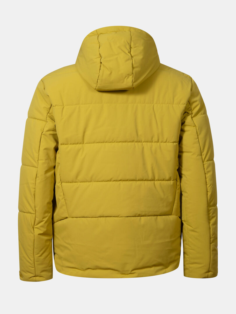 Halti Ascale Puffer Laskettelutakki Miesten keltainen, hupullinen, kuvattuna selästä valkoisella pohjalla.