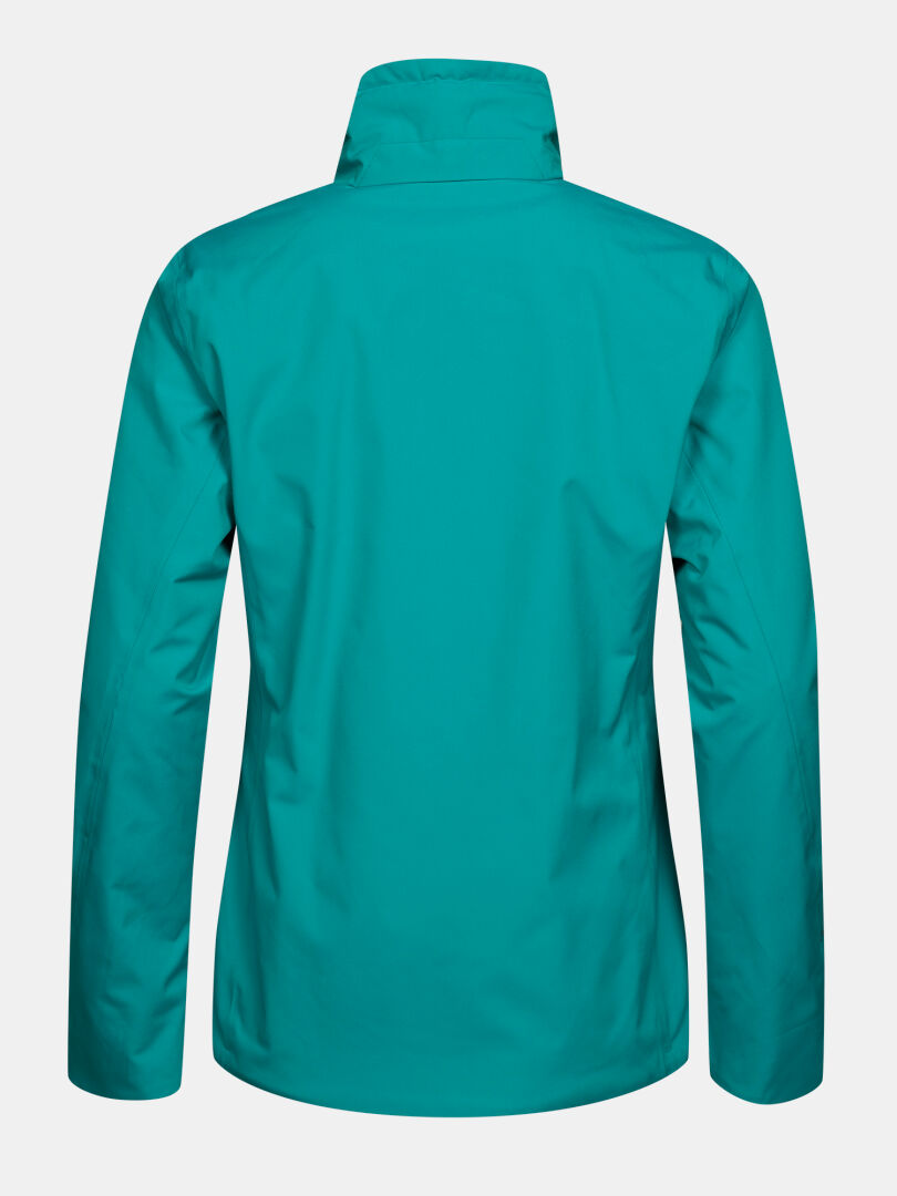 Teal-värisen Halti Varion 2in1 DX Laskettelutakki Naisten -pitkähihaisen takin takanäkymä, jossa on korkea kaulus.