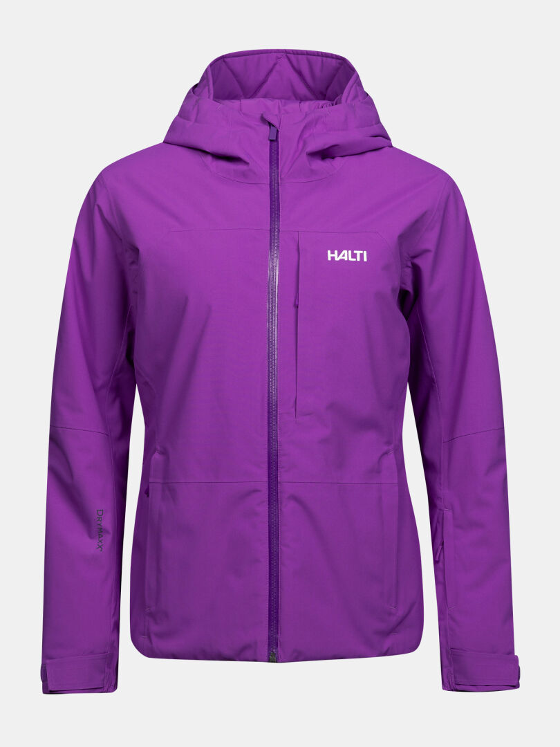 Violetti, hupullinen ja lämpöeristetty Halti Melvik DX Laskettelutakki -naisten hiihtotakki, jossa on edessä vetoketju ja kaksi sivutaskua.