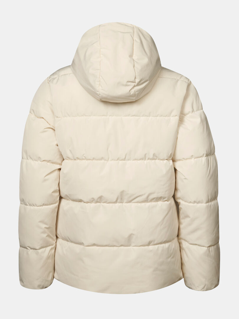 Halti Ascloud Puffer -laskettelutakki naisille, väri kermanvärinen, hupullinen, kuvattu takaa valkoisella taustalla.