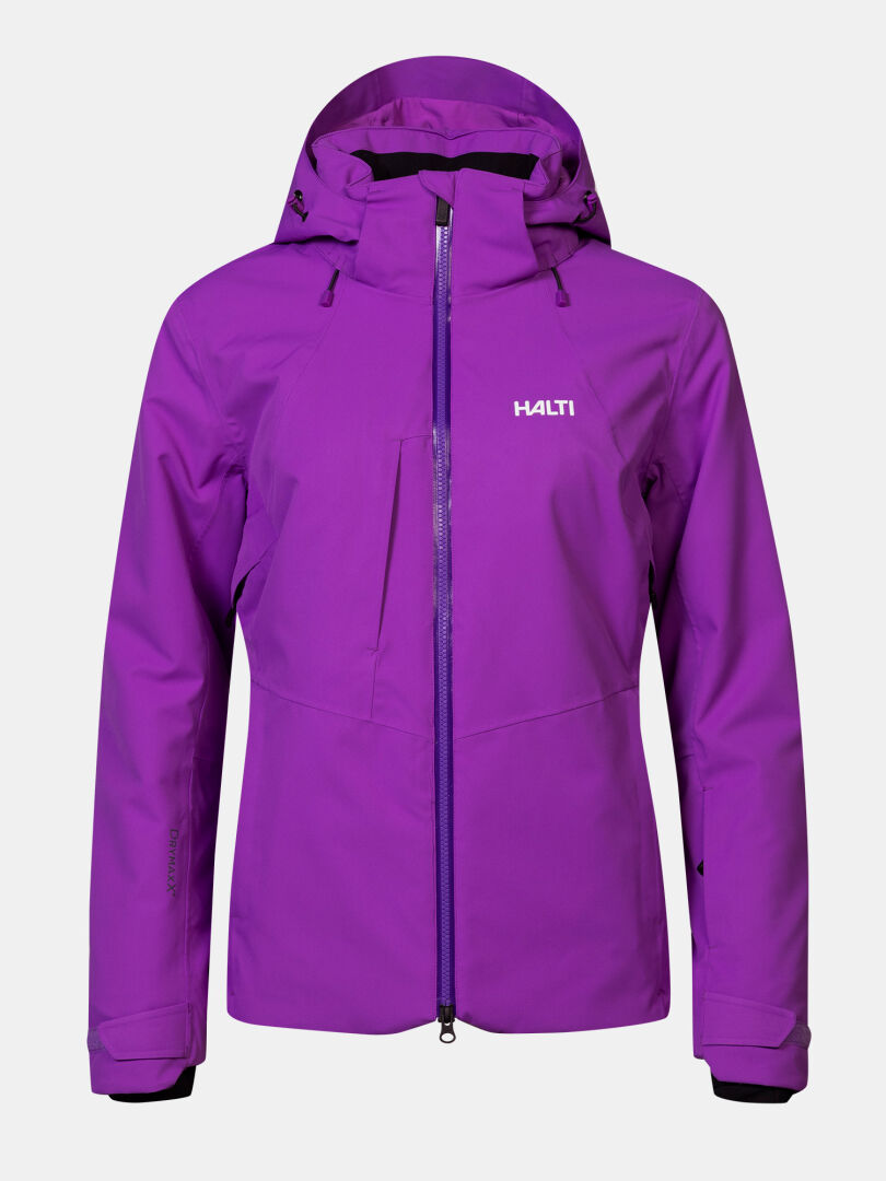 Violetti, hupullinen Halti Recier DX -laskettelutakki naisille, jossa on edessä täyspitkä vetoketju.