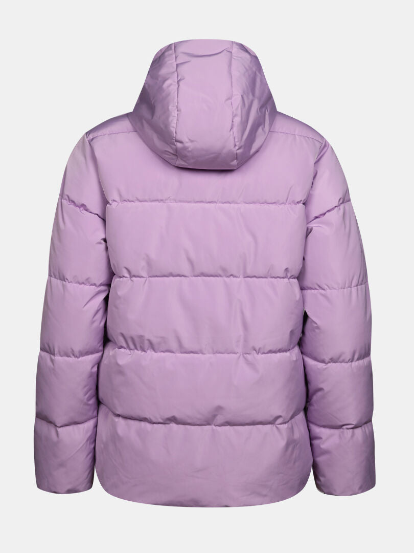 Vaalean violetin Halti Ascloud Puffer Laskettelutakki Naisten Plus -hupullisen hiihtotakin takanäkymä.