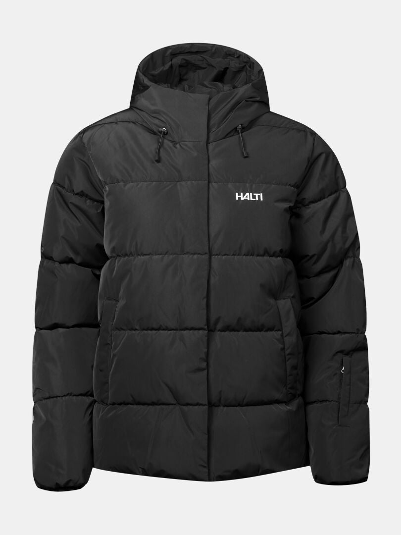 Musta Ascloud Puffer Laskettelutakki Naisten Plus -hupullinen laskettelutakki, jossa on korkea kaulus ja logo rinnassa.