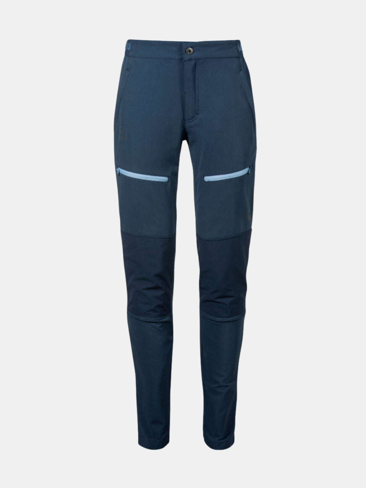 Halti Pallas II Naisten Warm X-stretch -takki, laivastonsininen, vaaleansinisillä vetoketjuilla ja joustavilla, hengittävillä polvipaneeleilla.