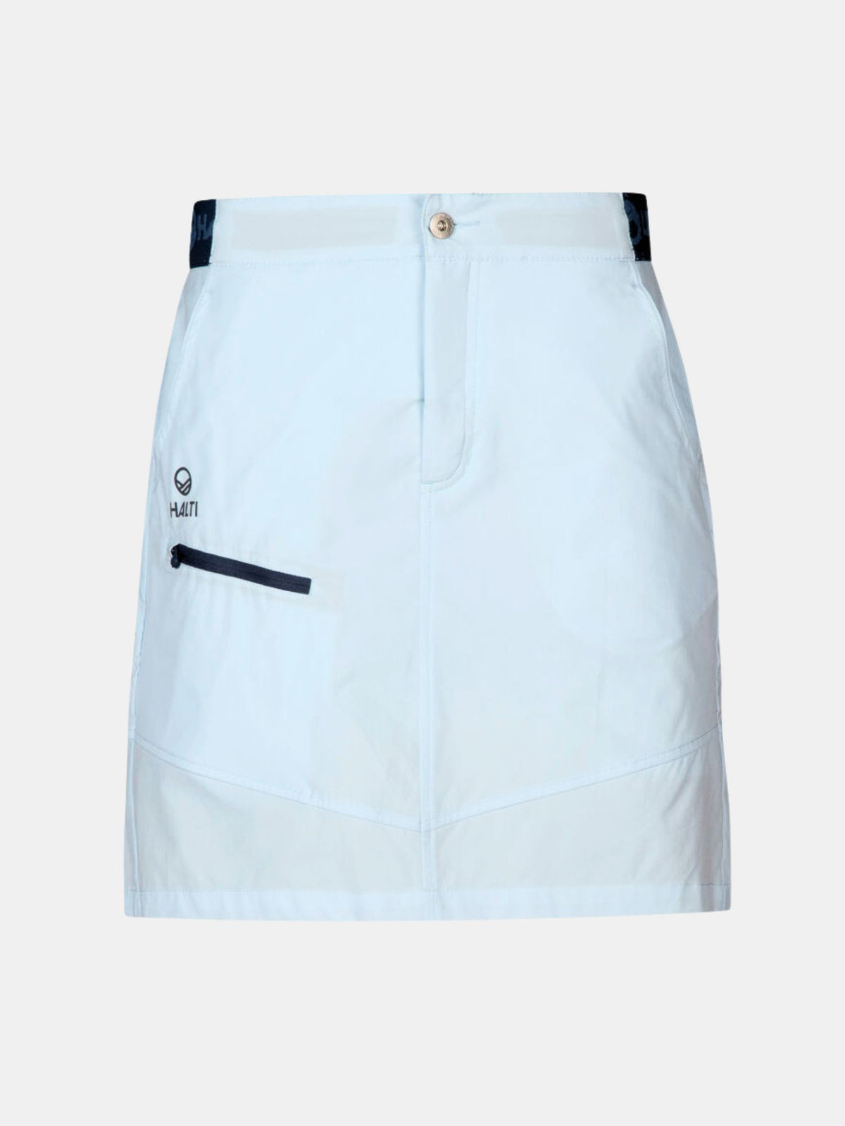 Halti Pallas Naisten Lite X-stretch -shortsit, joissa on edessä napitus, vetoketjutasku ja hillitty vaaleansininen logo.