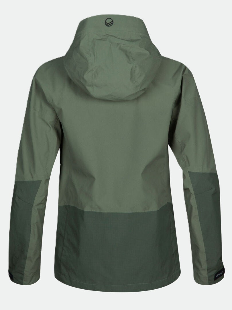 Vihreä Halti Hiker DrymaxX 3L -takki takaa kuvattuna, kaksivärinen kangas ja vedenpitävä kuoritakki.