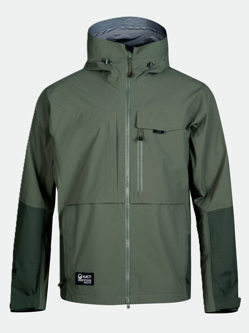 Halti Hiker DrymaxX 3L Ventilated miesten oliivinvärinen kuoritakki, vedenpitävä, hupulla ja rintataskulla, yksivärisellä pohjalla.