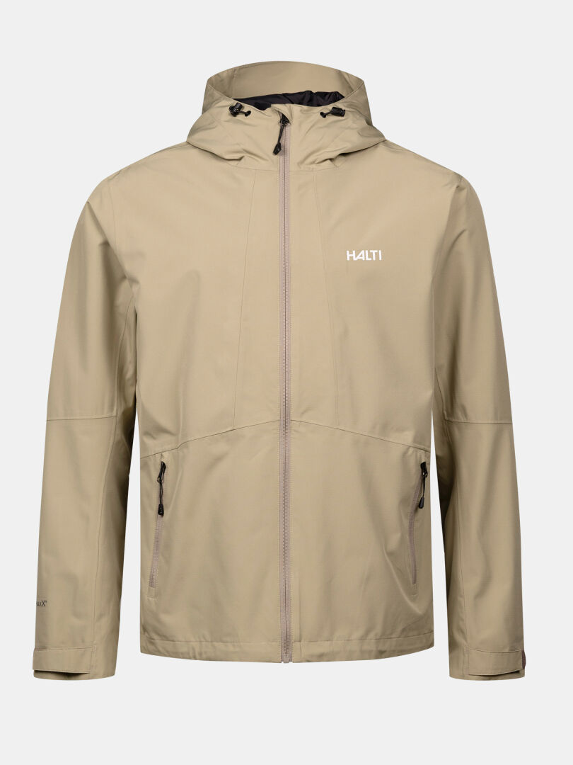 Halti Forter DX Warm Kuoritakki Miesten on beige hupullinen takki, jossa on vetoketju edessä, vetoketjutaskut ja logo rinnassa.