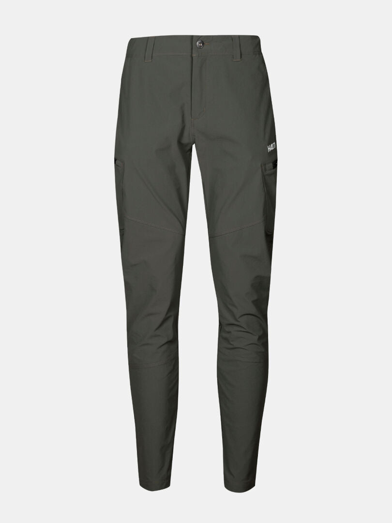 Halti Pallas Evo Plus X-stretch naisten ulkoiluhousut tummanvihreänä, etupuolelta valkoisella pohjalla.