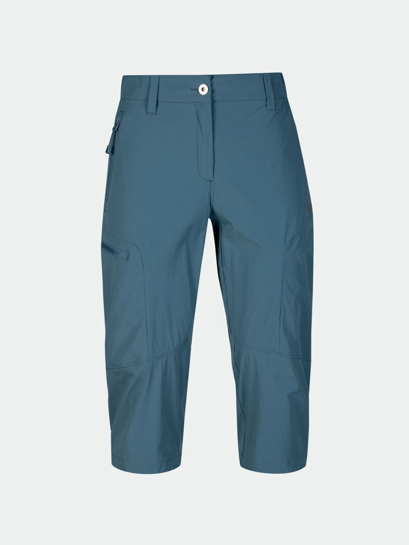 Halti Pallas Cool X-stretch Caprit Naisten: siniset polvipituiset caprit Dry Quick stretch -materiaalista, UPF 90+, vetoketjutasku, muotoillut polvet.