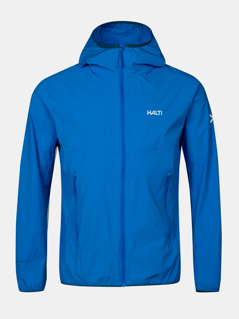 Halti Pallas Cool X-stretch takki miesten on sininen vetoketjullinen takki, jossa on taskut ja HALTI-logot rinnassa ja käsivarressa.