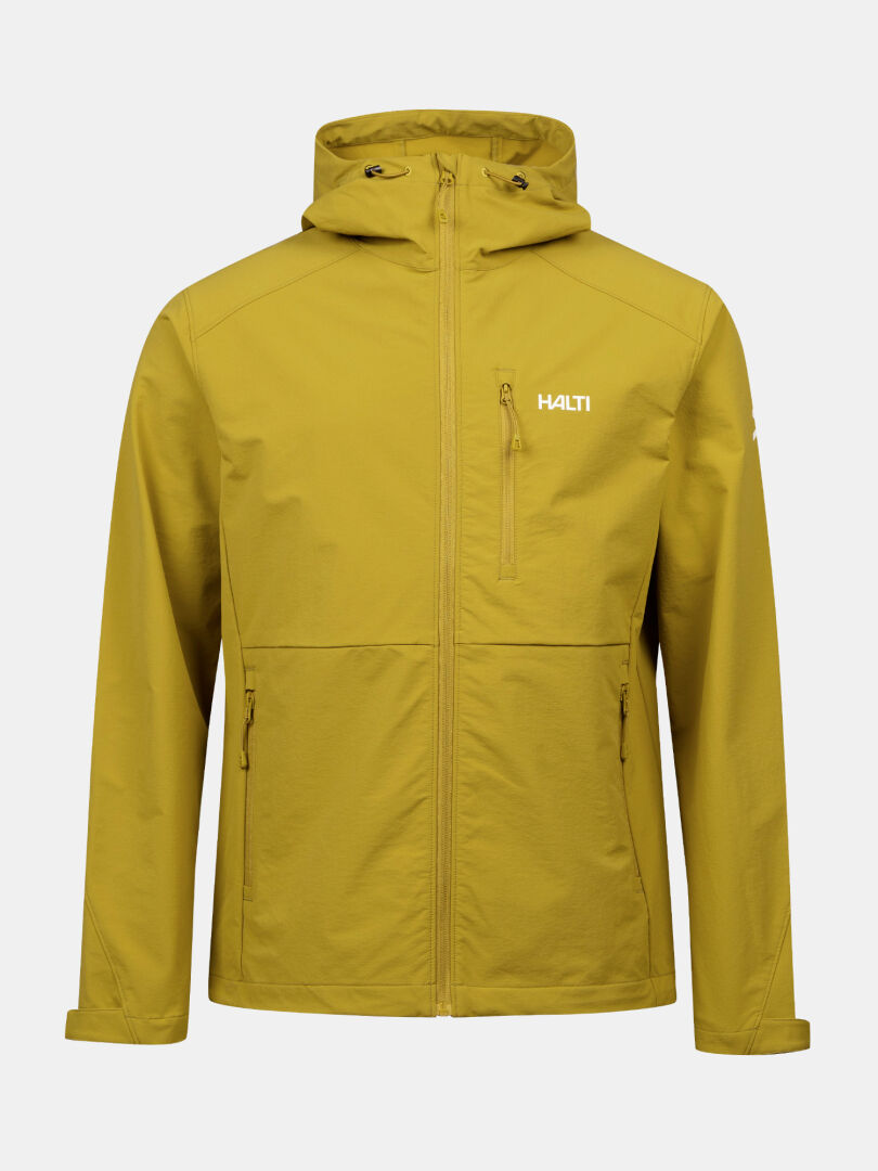 Halti Finholma X-stretch Takki Miesten: sinapinkeltainen softshell, huppu, 3 taskua, logo rinnassa.