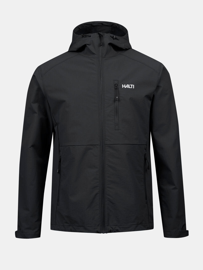 Finholma X-stretch Takki Miesten by Halti on musta softshell, jossa on vetoketju edessä, rintatasku, sivutaskut ja logo.