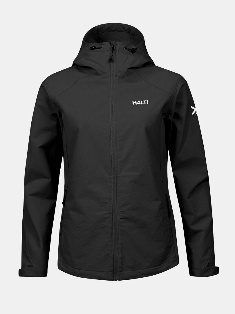 Halti Finholma X-stretch Takki Naisten Plus, musta, vetoketju edessä, kaksi taskua, HALTI-logo rinnassa, valkoinen hihasymboli.