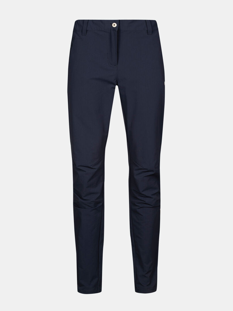 Halti Finholma X-stretch Housut Naisten Plus, tummansininen, edessä nappi ja vetoketju, kuvassa valkoisella pohjalla.