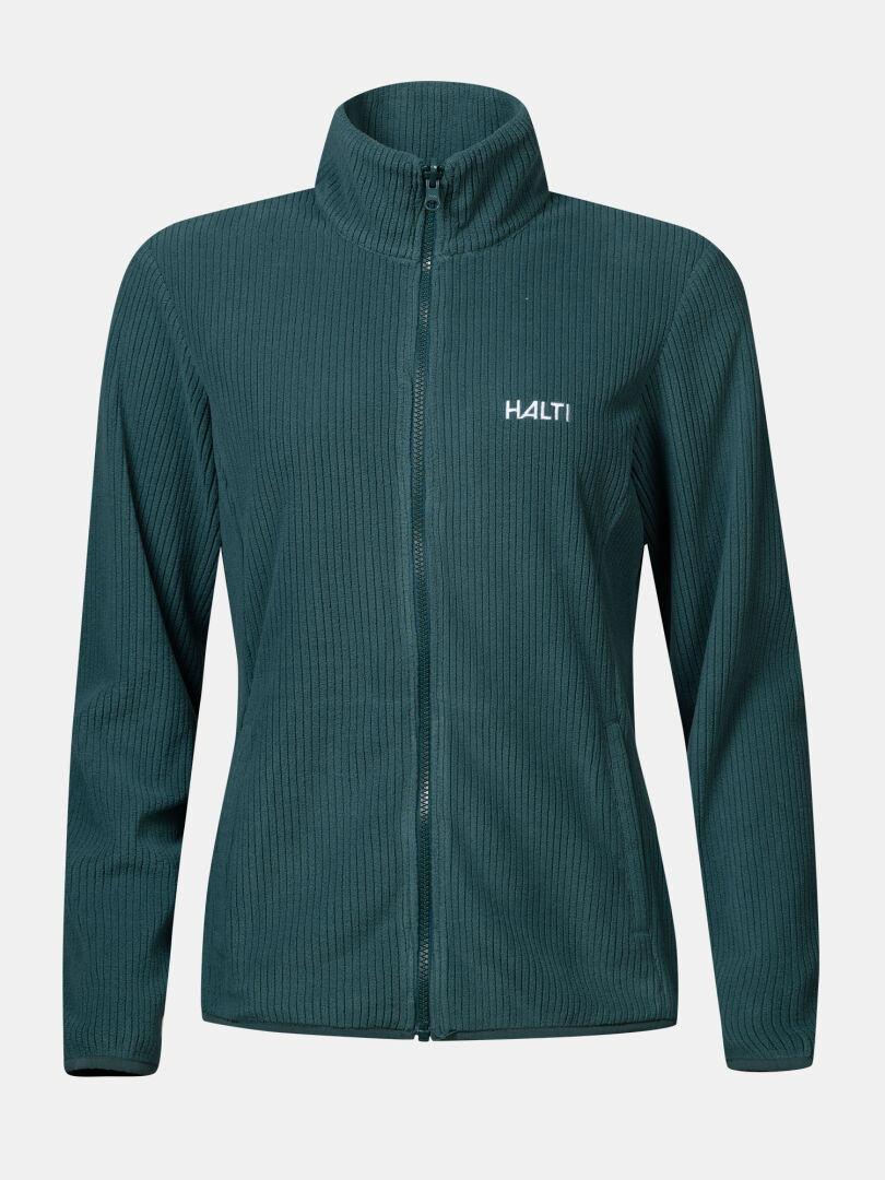 Tummanvihreä Loito 3in1 DX -takki naisille, fleece-materiaalia, uurrettu pinta, Halti-logo vasemmalla rinnassa, vetoketjullinen malli.