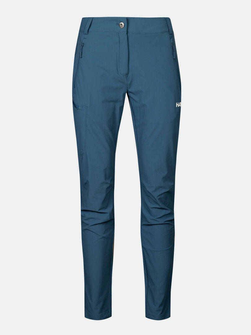 Halti Pallas X-stretch Ulkoiluhousut Naisten: sininen slim-fit, kestävä, hengittävä, vetoketjulliset taskut.