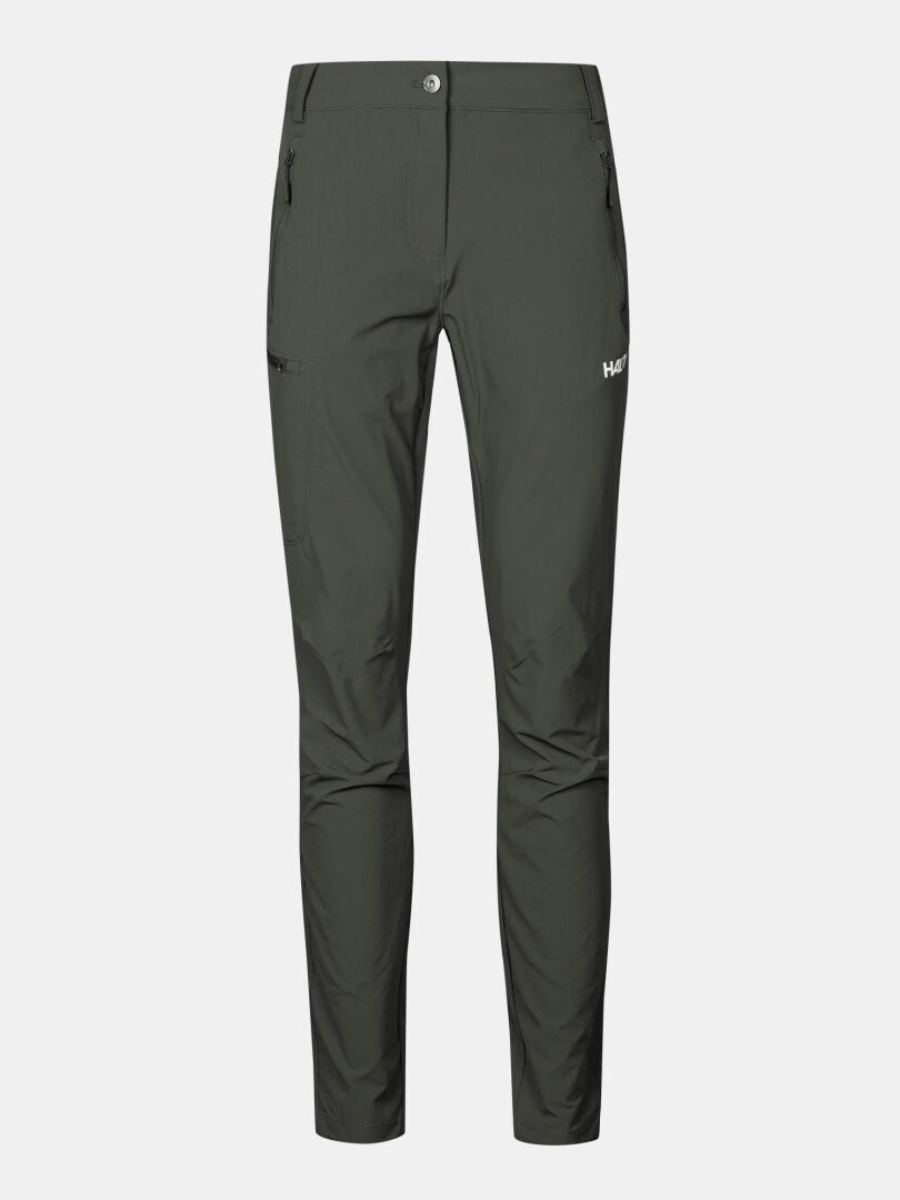 Halti Pallas X-stretch Ulkoiluhousut Naisten tummanharmaa, vetoketjulliset taskut ja valkoinen logo, valkoisella pohjalla.