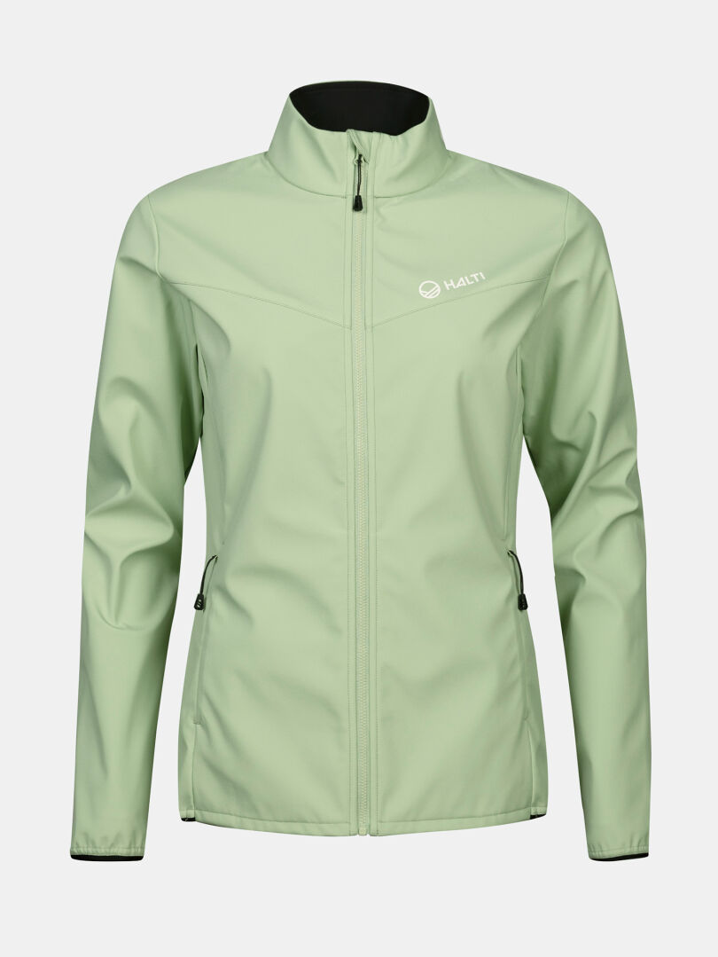 Halti Wedge Softshell-takki Naisten: vaaleanvihreä, vetoketjutaskut, valkoinen Halti-logo, kierrätysmateriaalia.