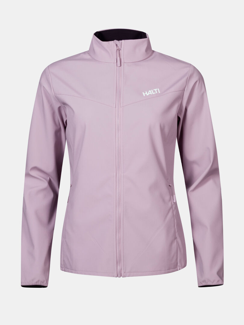 Halti Wedge Softshell-takki Naisten: vaaleanvioletti, pitkät hihat, korkea kaulus, HALTI-logo vasemmalla rinnassa.