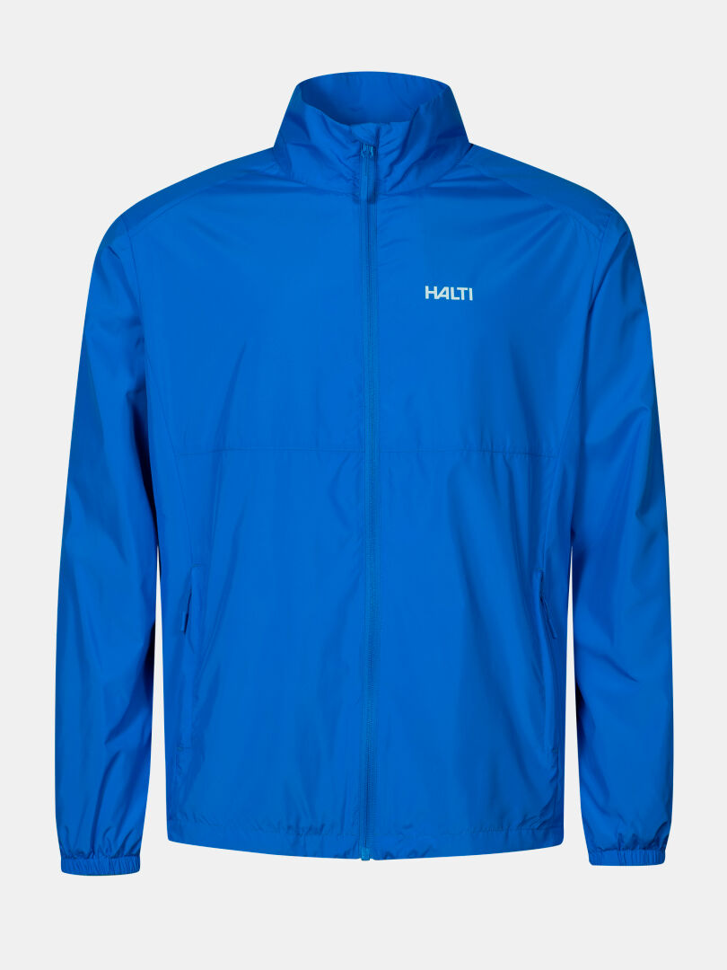 Halti Saime Tuulitakki Miesten: sininen vetoketjullinen tuulitakki, pitkät hihat, joustavat hihansuut, Soft Taffeta, logo rinnassa.