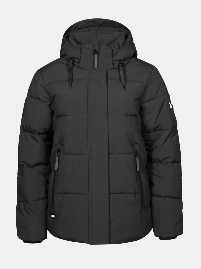 Halti Brahe Puffer Talvitakki Naisten on musta hupullinen talvitakki, jossa on vetoketjullinen etuosa ja kaksi vetoketjullista taskua.