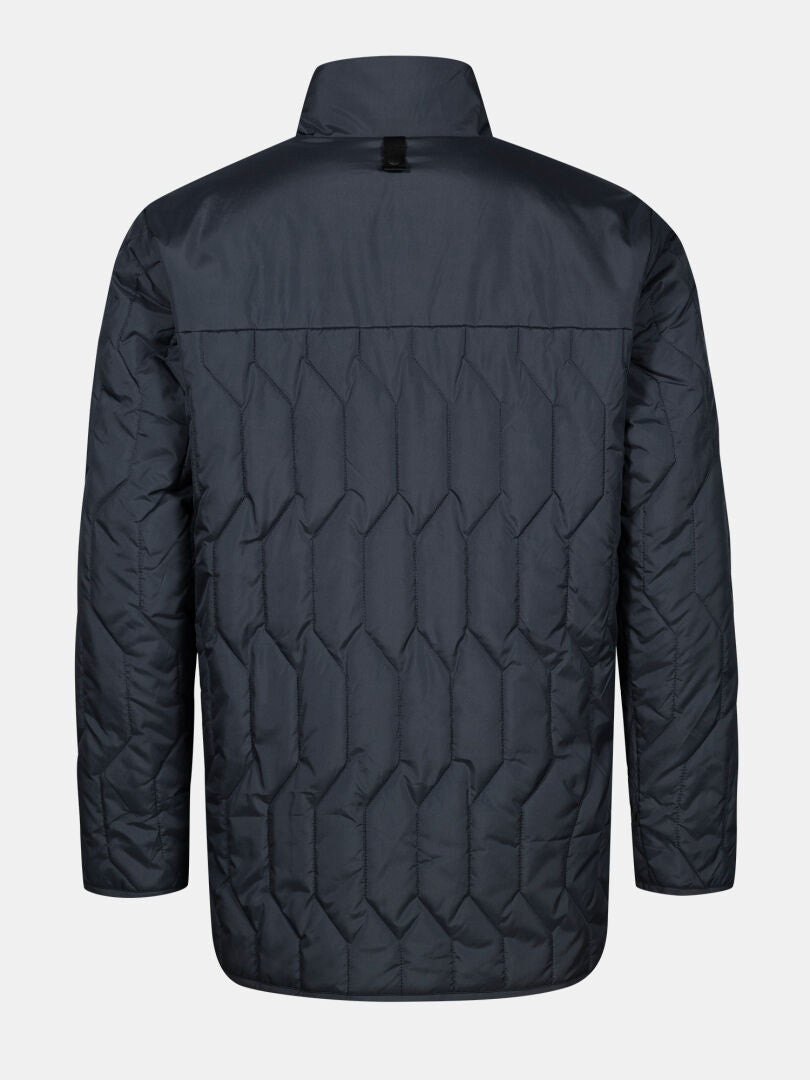 Tummansininen Halti Synkas II 3in1 DX Parka Miesten, jossa on korkea kaulus ja geometriset tikkaukset, kuvassa takaa.