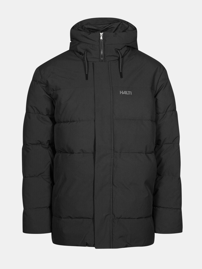 Sammal Topattu Parkatakki Miesten by Halti on musta hupullinen miesten parka, jossa on etuvetoketju ja lämmin eristys.