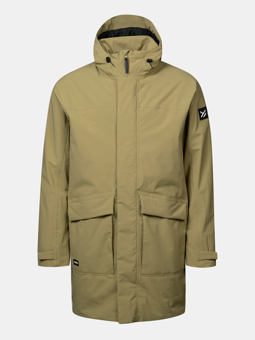 Halti Kortteli DX -parka miehille: khaki, Microtherm-eristys, 2 etutaskua, vetoketju, musta logomerkki hihassa.