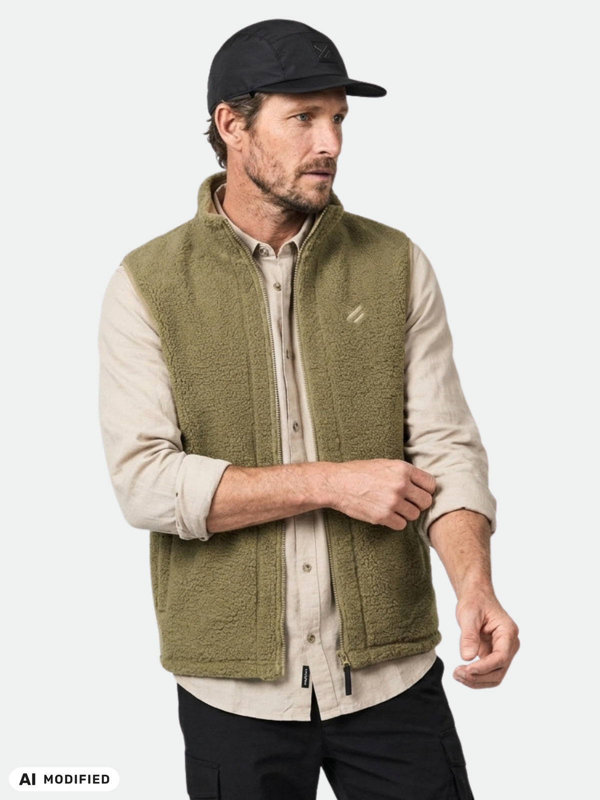 Mies on pukeutunut oliivinvihreään Halti Lykky Fleece Liivi Unisex -liiviin ja mustaan hattuun vaalealla taustalla.
