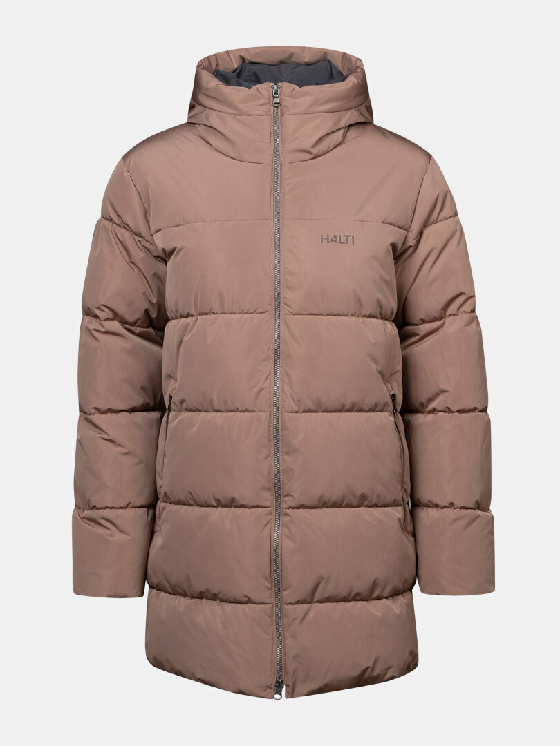 Halti Leinikko Puffer Parka Naisten Plus, vaaleanruskea, hupulla, vetoketjulla, Microtherm Thermofill -eristeellä ja näkyvällä logolla.