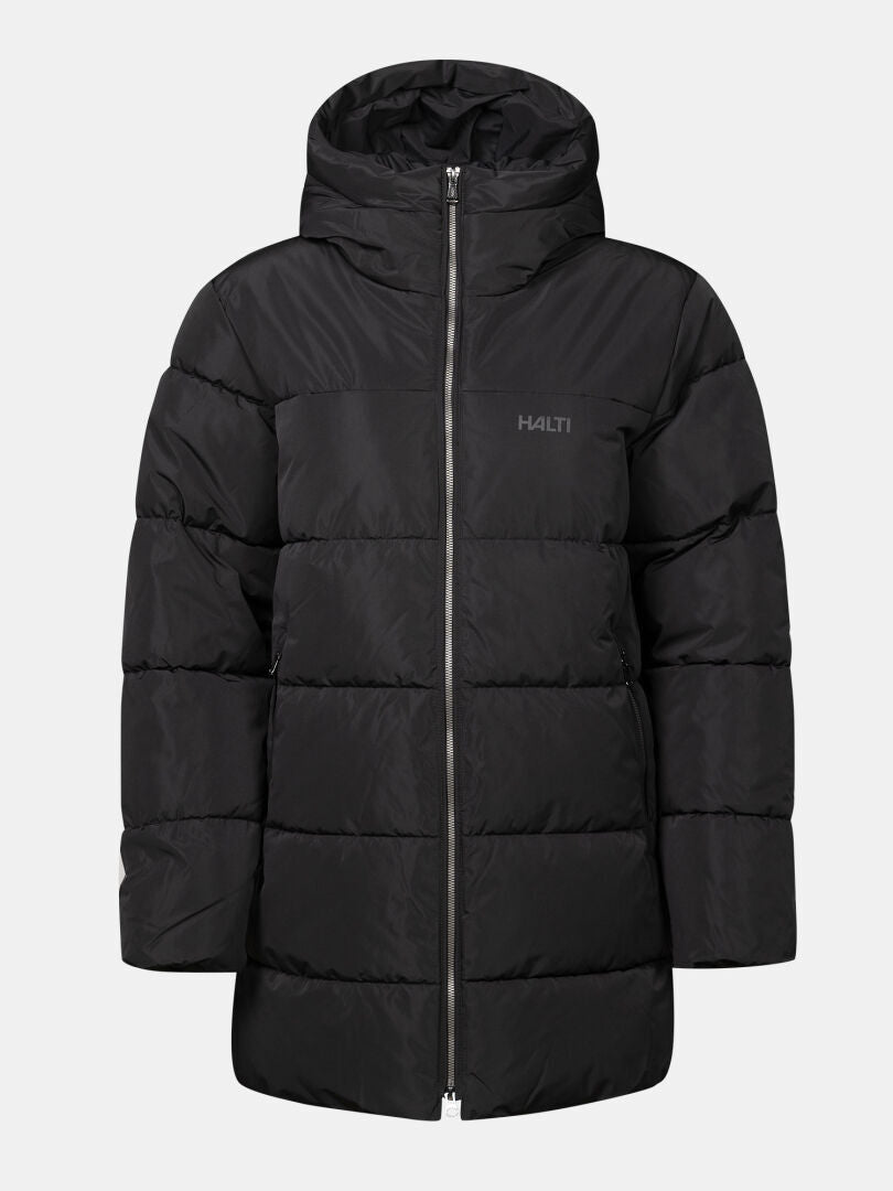 Halti Leinikko Puffer Parka Naisten Plus: pitkä musta hupullinen takki, jossa on vetoketju, logo ja Microtherm Thermofill -eristys.