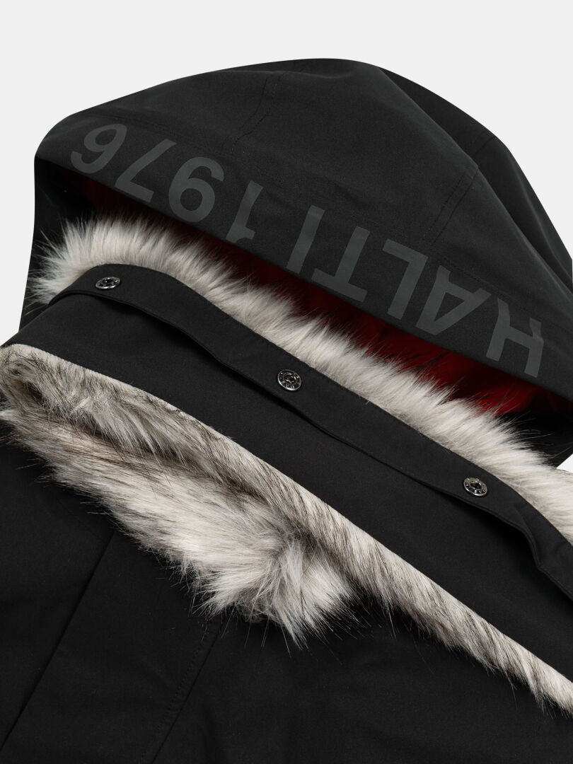 Halti 1976 Down Parka Unisex mustaa, jossa on tekoturkisverhoilu hupussa ja harmaalla painettu 