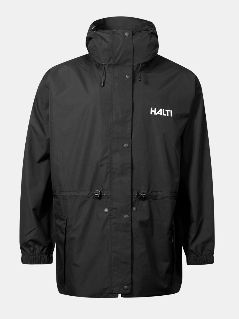Musta Halti Coach Takki, jossa on vetoketju edessä, napit, säädettävä vyötärö ja HALTI-logo.