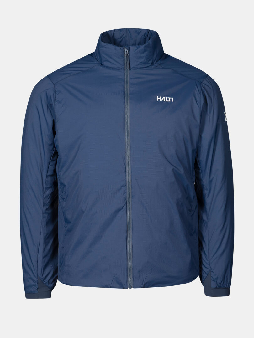Haave Primaloft Takki Miesten by Halti on sininen vetoketjullinen takki, jossa on pitkät hihat ja pystykaulus.