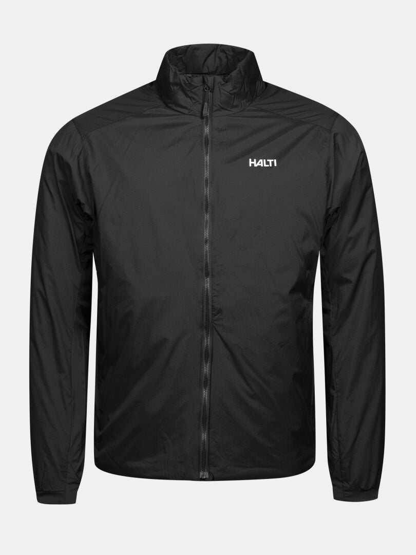 Musta, täyspitkällä vetoketjulla varustettu Halti Haave 40 Primaloft -takki miehille, jossa on korkea kaulus ja logo vasemmalla rinnassa.
