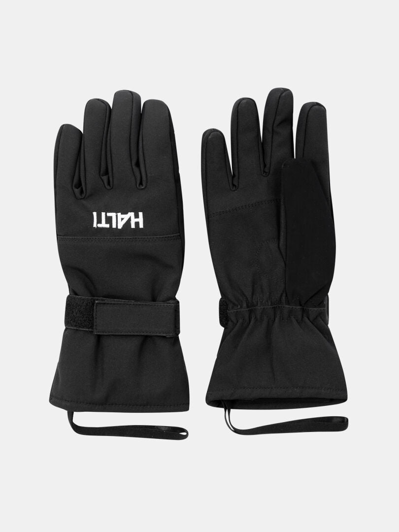 Musta unisex Halti Tiilo II Hanskat, joissa on säädettävät rannelenkit ja Halti-painatus toisessa käsineessä.