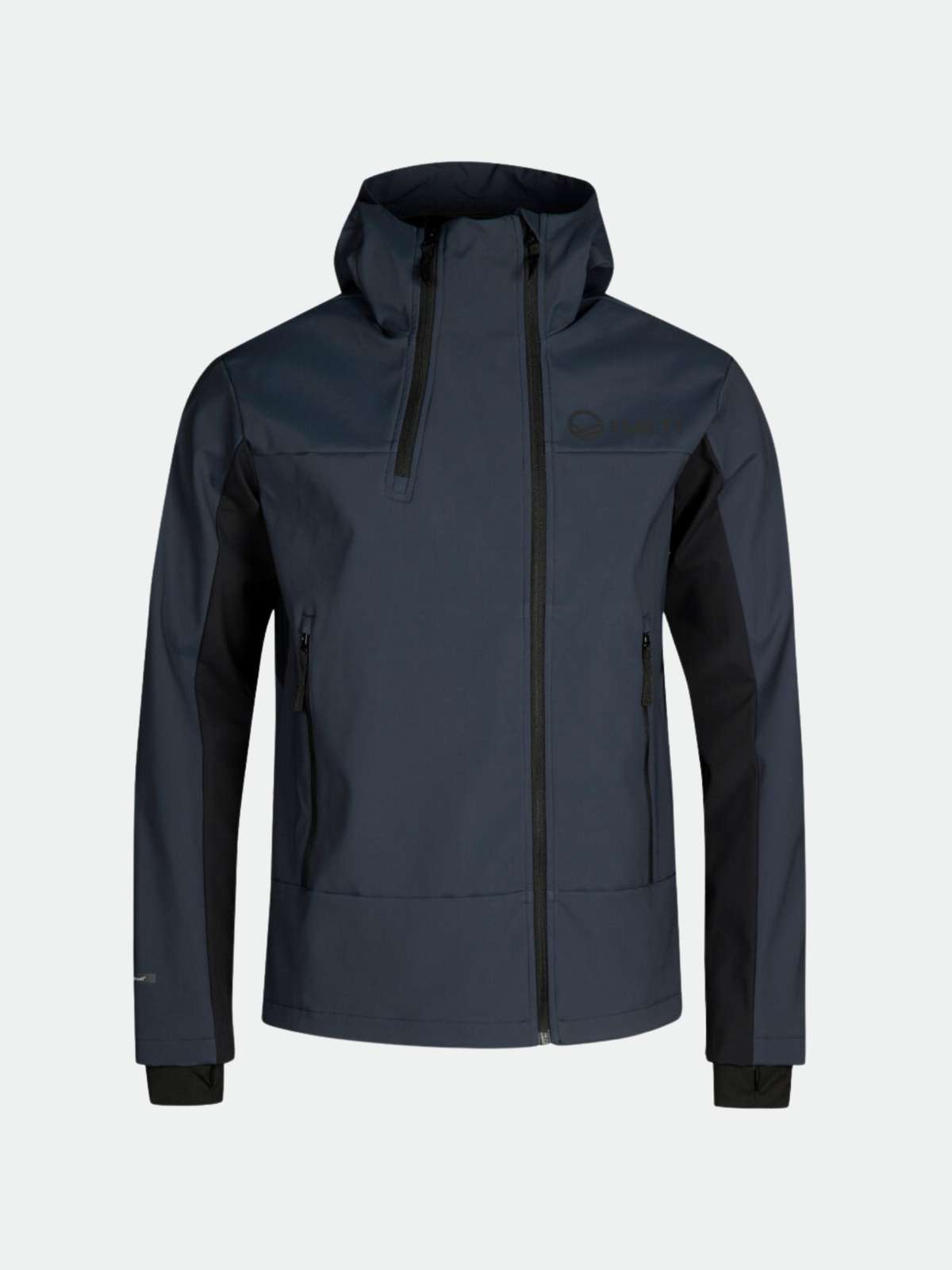Halti Navakka Hiihtotakki Miesten: laivastonsininen ja musta softshell-takki, jossa on vetoketju edessä, pitkät hihat ja vetoketjutaskut.