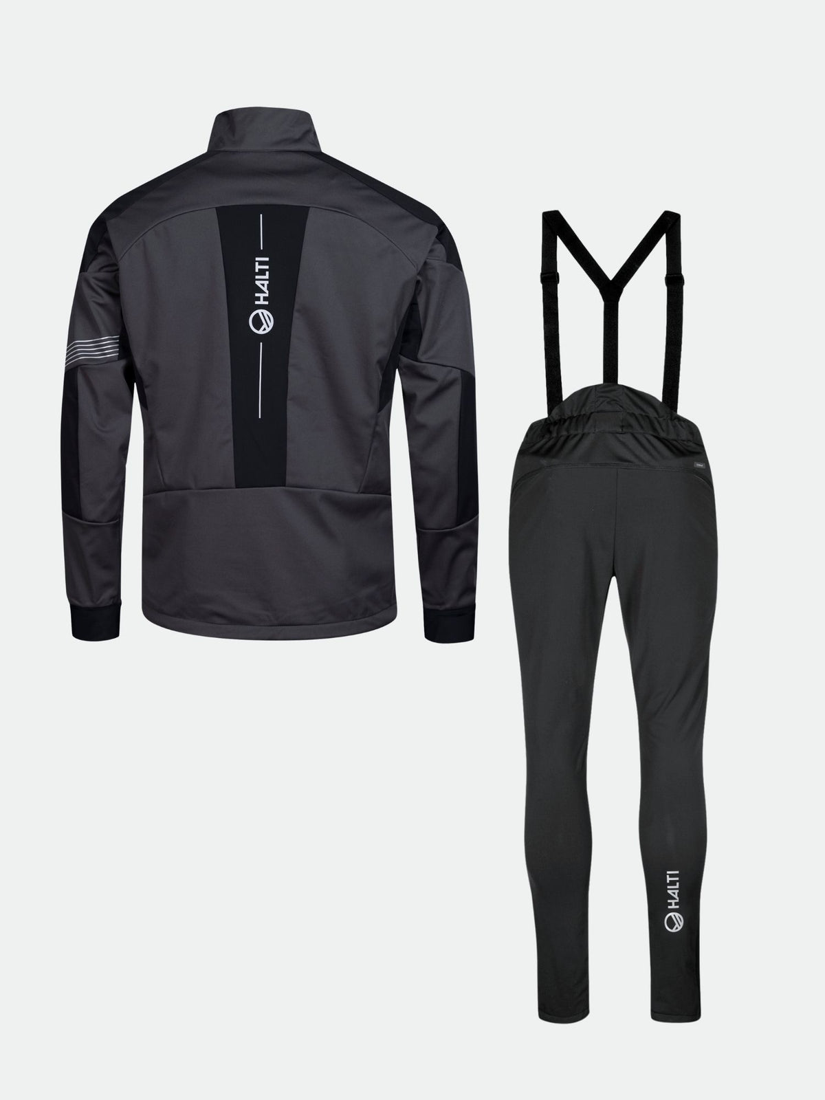 Halti Hyyde Maastohiihtopuku Miesten: musta/harmaa softshell-setti henkseleillä, valkoiset logot talviharjoitteluun.
