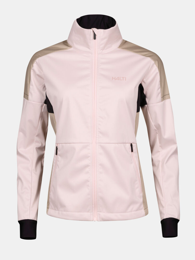 Halti Huuru Maastohiihtopuku Naisten: vaaleanpunainen & beige softshell-takki mustalla, täydellinen talviharjoittelu.