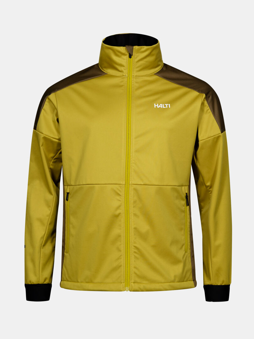 Halti Huuru Maastohiihtopuku Miesten-keltainen vetoketjullinen softshell talviharjoitteluun tai maastohiihtoon.